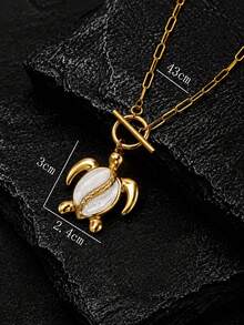 1pc Stainless Steel 18K Gold Plated Ocean Style White Oil Drop Turtle Sea Turtle Pendant Necklace - Multicolor - View 3