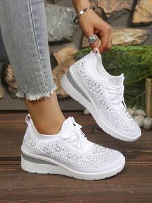 Women's Rhinestone Thick Sole Platform Shoes, Soft Bottom Lightweight Knit Mesh Sneakers, Height-Increasing Slimming Fashion Casual Loafers For Petite Women - White - View 3