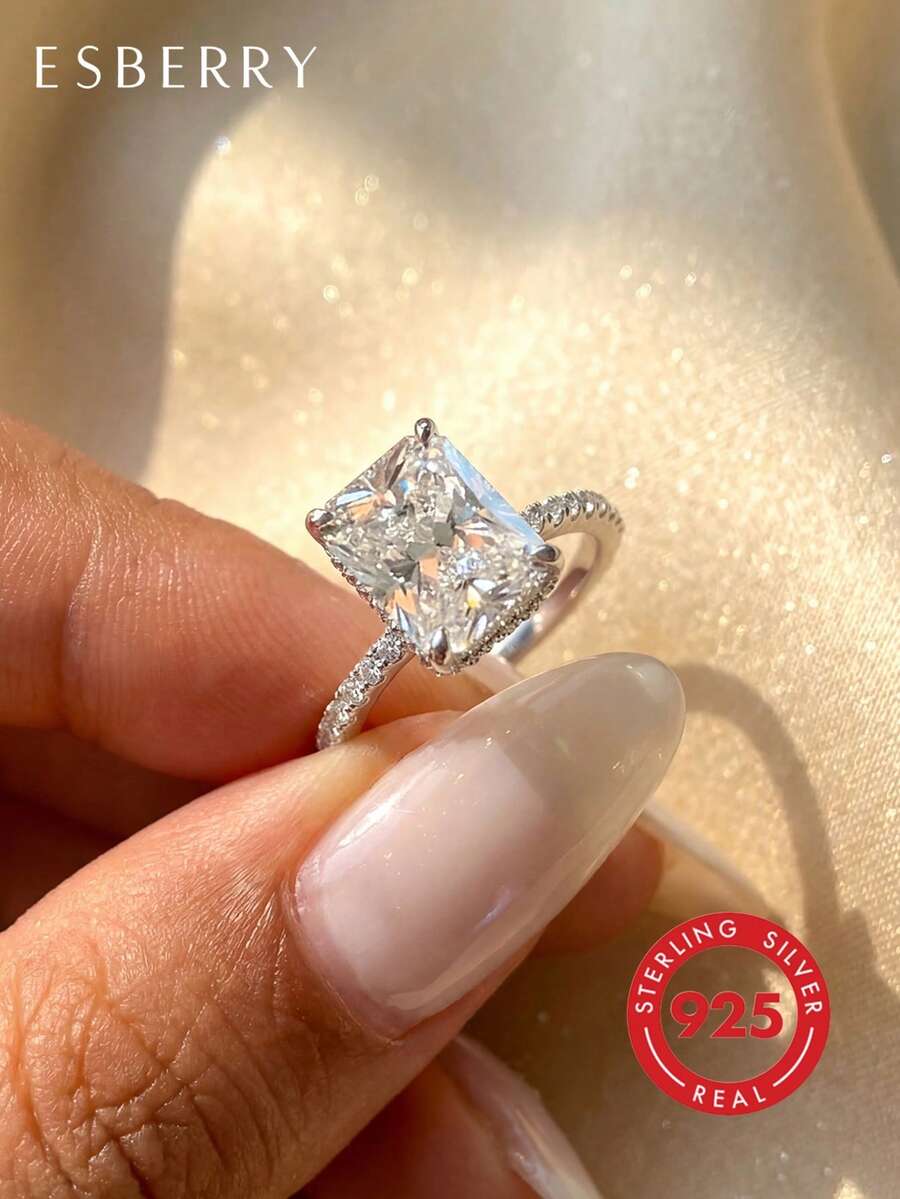 ESBERRY 闪耀祖母绿订婚戒指/结婚戒指，女士S925纯银承诺戒指/永恒戒指，复古优雅珠宝，派对约会新娘礼物
