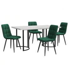 Dining Set (5-Piece), Dining Table With 4 Chairs, Modern Kitchen Table Set, 140*80cm Kitchen Table With Black Metal Legs, White MDF Tabletop, Dark Green Velvet Dining Chairs - White - View 3