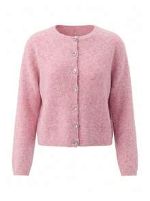 Women's Pink Fluffy Button-Front Cardigan, Long Sleeve, Regular Length, Medium Stretch, Suitable For Autumn - Pink - View 10