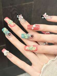 10pcs Kawaii Summer Dopamine Press On Nails, Red Teal Ladybug Floral Butterfly Long Square Fake Nails 3D White Mini Daisy Iridescent Bubble Rhinestone, For Outdoor Trip, Grad Dance & Floral Afternoon Tea, With Jelly Glue And Nail File - Multicolor - View 2