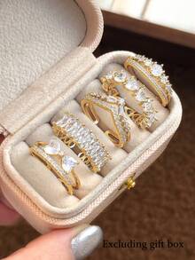 Juego de 5 anillos de cobre abiertos con circonita cúbica de moda, adecuado para mujeres, para bodas y fiestas (Caja de regalo no incluida) - Amarillo Oro - Ver 3