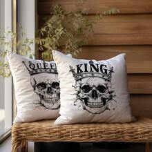 2pcs White Background Vintage Sketch Crown Skull Print Halloween Decorative Pillow Covers, Dark Vintage Style Bedroom Decor | Living Room Decor | Room Decor, Polyester Square Single-Sided Printed Cushion Covers, Living Room Sofa Homestay Window Halloween Party Personalized Autumn/Winter Soft Decoration, Zipper Closure Without Pillow Insert - Black and White - View 5