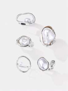 Kryxie 5pcs Vintage French Baroque Faux Pearl Rings, Asymmetrical Hollow Pearl Stackable Ring Set For Women - Silver - View 4