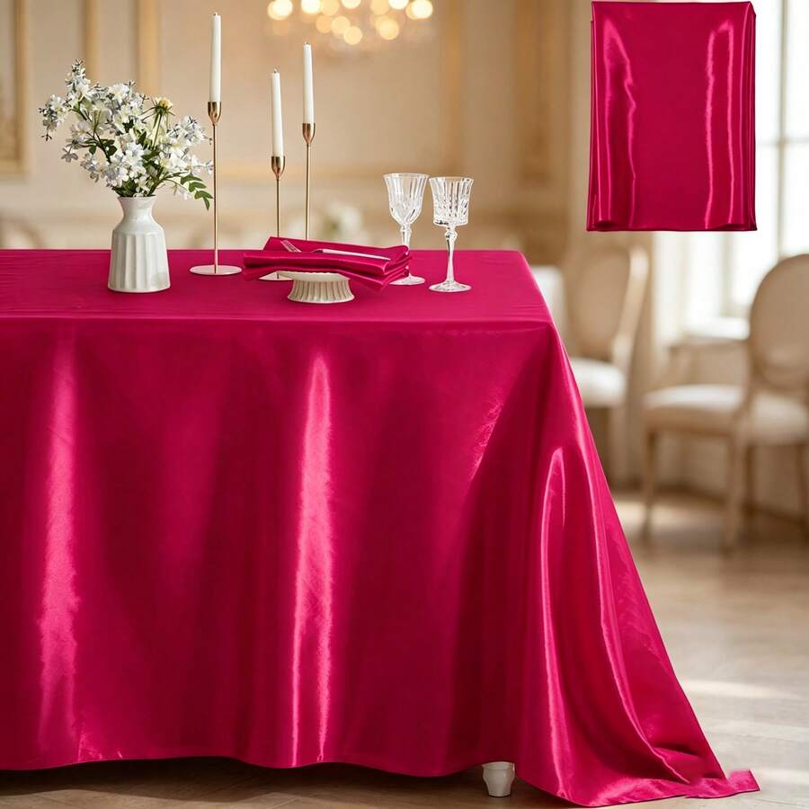 1pc High-Quality Satin Solid Color Tablecloth For Party, Restaurant - Hot Pink - View 1