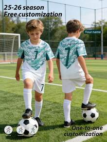 25-26 2pcs/Set White All-Over Print Burnout Boys Soccer Outfit, Personalized Name & Number Customization/Club Hot-Selling Jersey, No.7 Print Sports Player Style, Short Sleeve & Shorts Set, Suitable For Boys & Girls, Sports, Cycling, Outdoor Running, Football, Celebrity Style - White - View 2