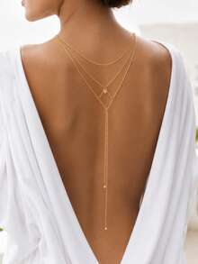 1pc Mesh Y-Shaped Draped Back Chain, Rhinestone Pendant Multi-Strand Minimalist Backless Body Chain, Delicate Layered Backless Evening Dress Accessory For Women, Bride, Beach, Vacation - Rhinestone - View 1