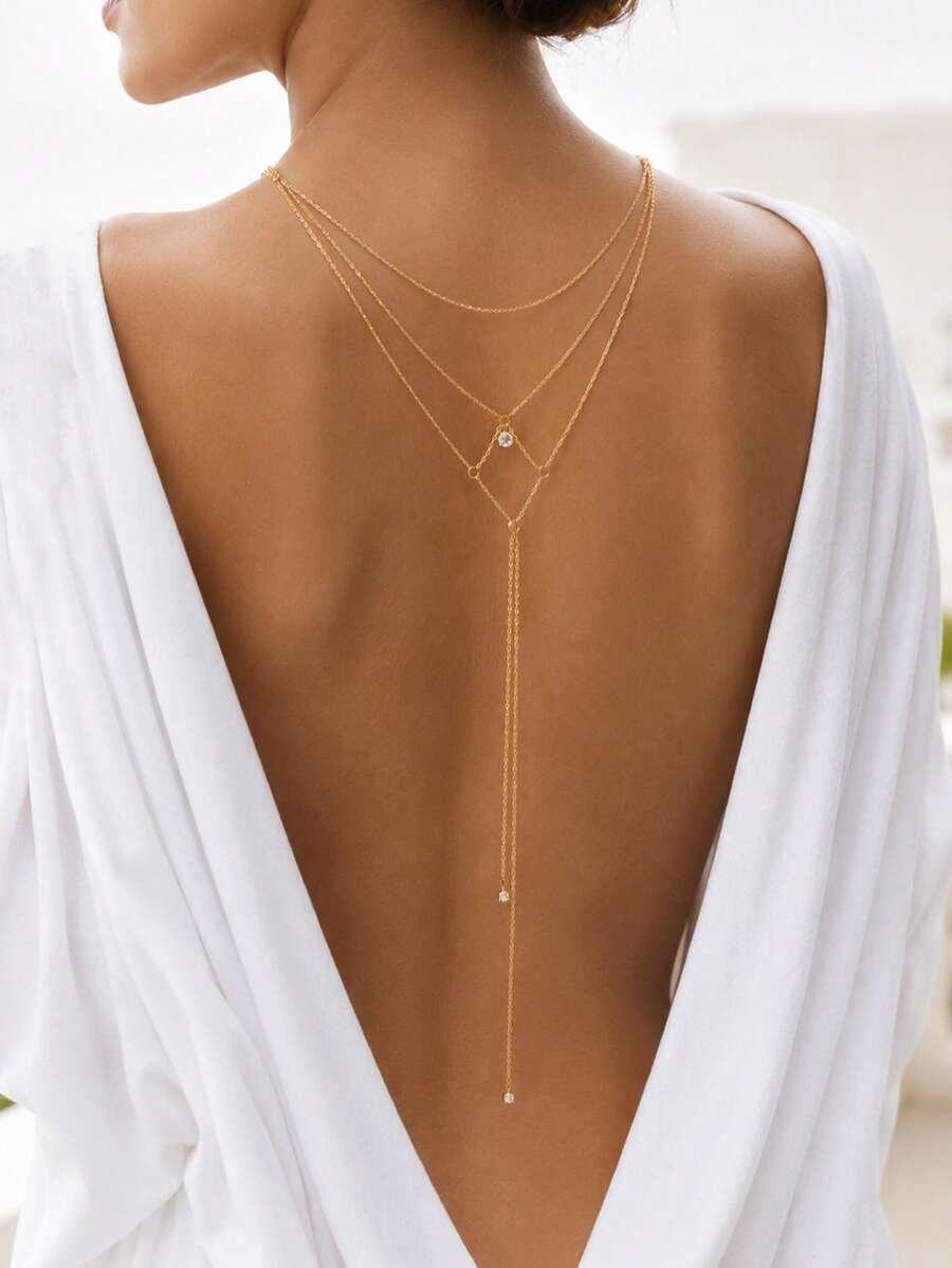 1pc Mesh Y-Shaped Draped Back Chain, Rhinestone Pendant Multi-Strand Minimalist Backless Body Chain, Delicate Layered Backless Evening Dress Accessory For Women, Bride, Beach, Vacation - Rhinestone - View 1