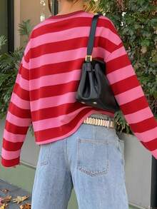 SDNGED Top casual para mujer con rayas y bloques de color, acanalado, para uso diario en primavera/otoño - rayas anchas de color rojo rosado - Ver 5
