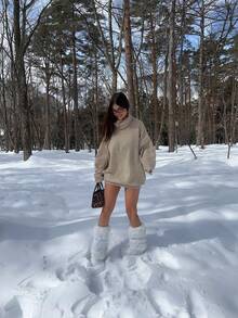 Sweater Rajut Lembut Longgar Leher Tinggi Bahu Jatuh Warna Oatmeal untuk Wanita, Minimalis, Santai, dan Longgar, Cocok untuk Musim Gugur dan Musim Dingin, untuk Perjalanan Pulang ke Rumah atau Kedai Kopi - Unta - View 6