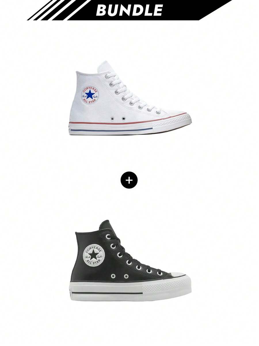 Converse [Bundle] Chuck Taylor All Star Chuck Taylor All Star Unisex Shoes White M7650C + Chuck Taylor All Star Chuck Taylor All Star Lift Woman's Sneakers Black 561675C - Optical White+Black - View 1
