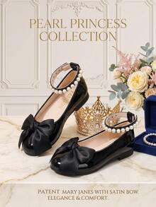 1 Pair Girls' Shiny Black Mary Jane Flat Shoes, Bow Pearl Buckle Ankle Strap Round Toe Princess Wedding Party Formal Shoes, Children's Fashion Elegant Shoes - Black - View 3