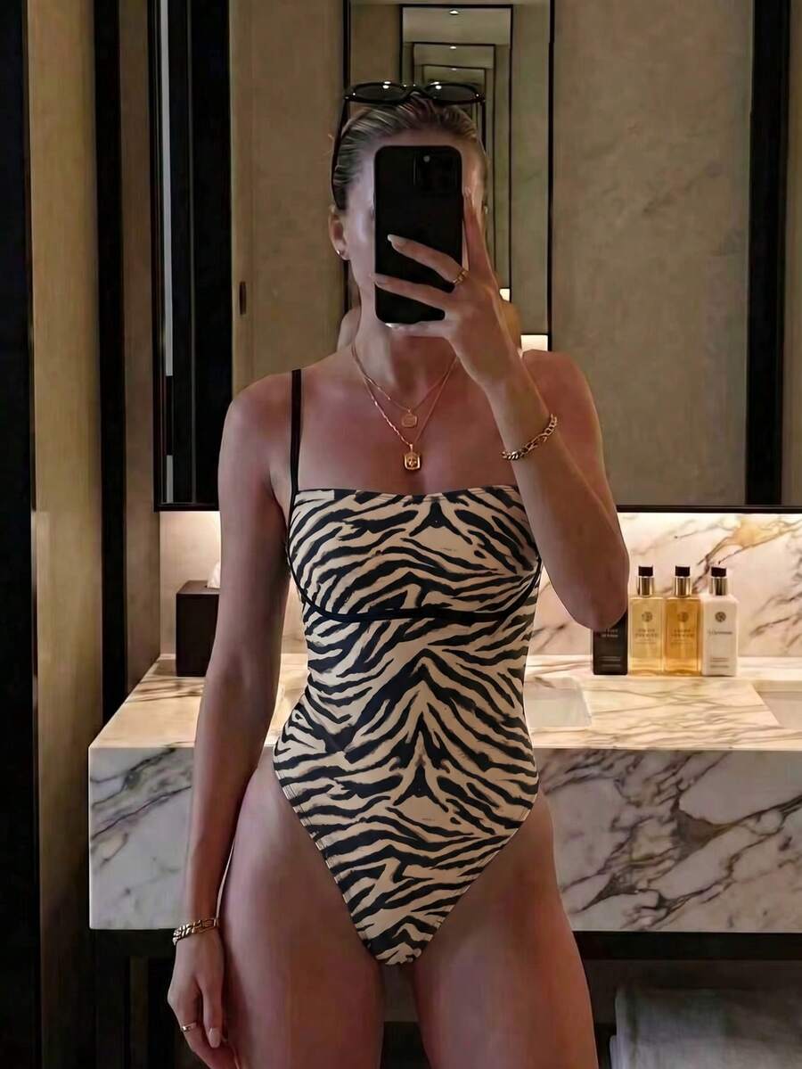 新款性感豹紋高彈力休閒海灘度假約會派對女款一件式細肩帶泳衣 - 彩色 - 查看 1