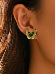 1 Pair Fashionable Exquisite Cute Green Rhinestone Butterfly Stud Earrings For Women, Suitable For Daily Commute, Party And Gathering - Green - View 2