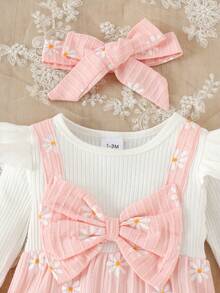 1 pieza Mono de bebé niña con estampado de margarita y lazo acanalado, con diadema, fino para primavera/otoño - Rosa - Ver 3