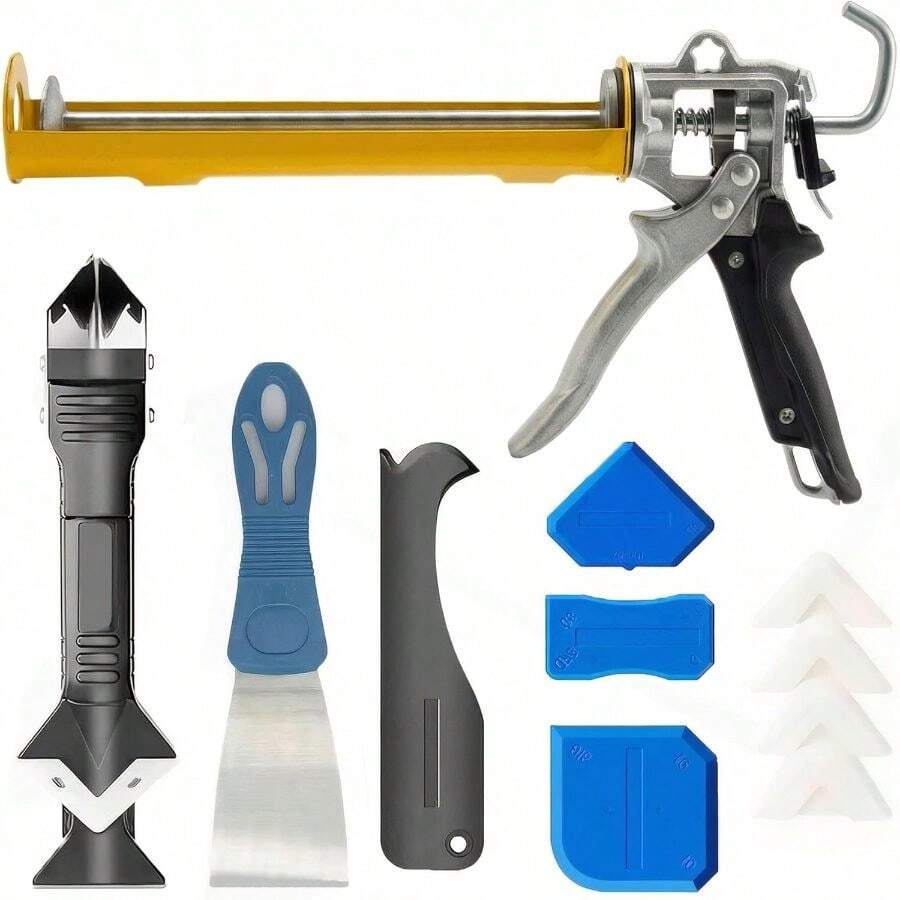 Caulk Kit Preventing Continuous Dripping With Dual-Mode Switch, 10 OZ 360 Rotating With Scraper And Silicone Sealant Home Bathroom Renovation Handyman - A - View 1