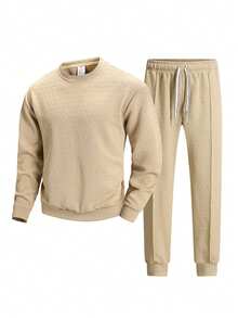 Men's Spring/Autumn Minimalist Fashion Solid Color Versatile Comfortable Soft Skin-Friendly Outdoor Casual Crew Neck Sweatshirt And Drawstring Elastic Waist Long Pants Set - Khaki - View 2