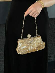Women Evening Clutches,Floral Leaf Beaded Sequin Embroidery Pattern,Vintage Luxe Bridal Style For Wedding Gala Cocktail Party ,Random Cutting Position - Gold - View 5