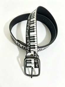Sabuk Bermotif dengan Hiasan Pola Not Piano, Sabuk Pinggang Gesper Gaya Personal, Aksesori Celana Modis - Hitam - View 3