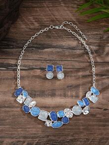 Cring Coco 3Pcs Irregular Geometric Women Blue Enamel Geometric Jewelry Set Chunky Statement Necklace Earrings Cuff Bracelet Boho Color Block Metal Accessory - Geometry 1 - View 10