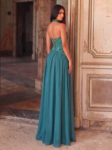 Romantic Women's Chiffon Sleeveless Halter Neck Maxi Dress, Decorated With Embellished Bodice And Flared Hem, Suitable For Photography, Dinner, Portrait, Events - Green - View 2