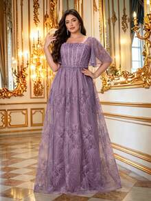 Summer/Fall Plus Size Elegant Dusty Pink Floral Lace Square Neck Flutter Sleeve Belted Beaded Maxi Dress For Wedding Guest, Party, Prom & Festival - Dusty Pink - View 1