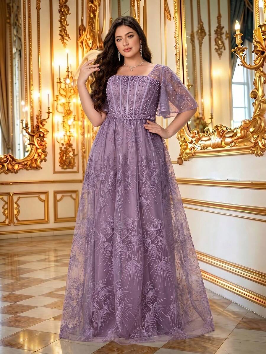 Summer/Fall Plus Size Elegant Dusty Pink Floral Lace Square Neck Flutter Sleeve Belted Beaded Maxi Dress For Wedding Guest, Party, Prom & Festival - Dusty Pink - View 1