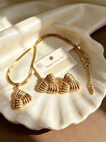 European And American Luxury Wrapped Triangle Stainless Steel Jewelry Set, Waterproof, Sweat-Proof, Hypoallergenic, 3D Twisted Texture Triangle Earrings And Snake Bone Necklace, Graduation Season, Photo Shoot, Vacation, Layered Wear, Atmosphere Set, Summer Beach, Music Festival, Vacation, Eye-Catching Atmosphere Accessory - Multicolor - View 5