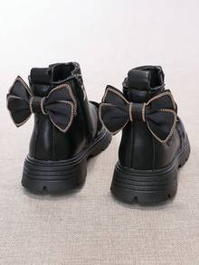 Girls' Shiny Patchwork Chelsea Ankle Boots With Chain Trim, Bowknot And Thick Sole Princess Fashion Boots - Black - View 1