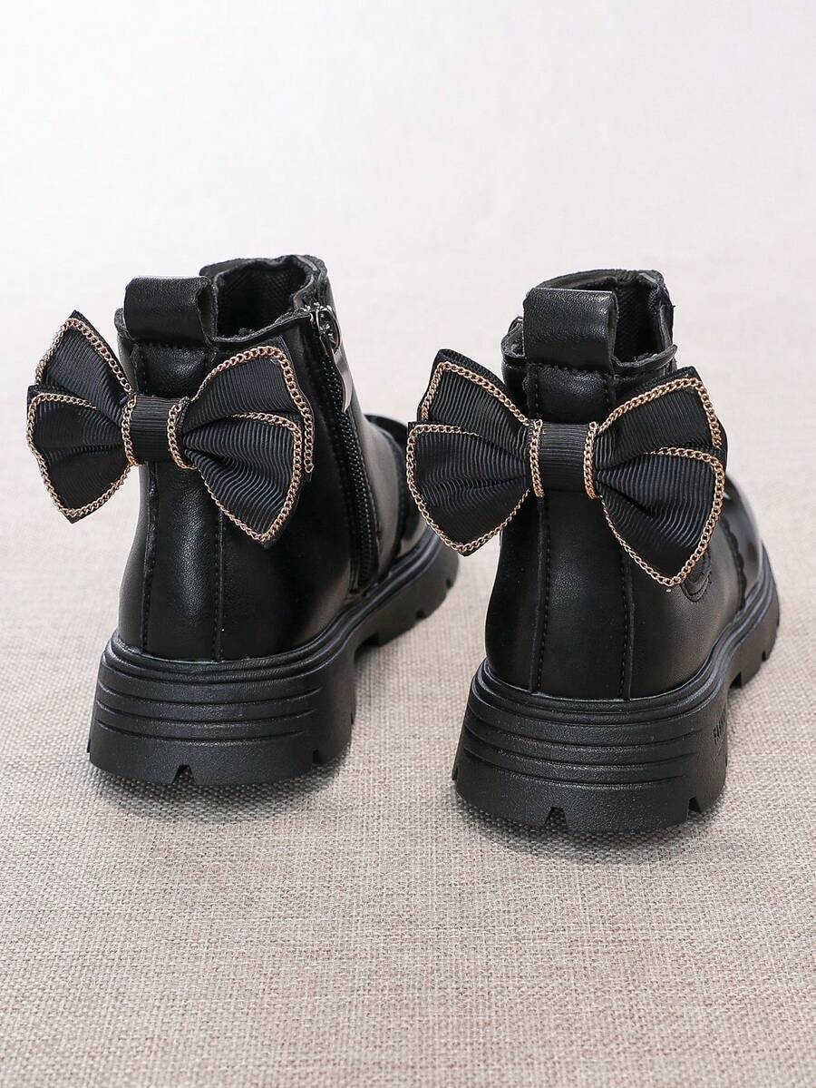 Girls' Shiny Patchwork Chelsea Ankle Boots With Chain Trim, Bowknot And Thick Sole Princess Fashion Boots - Black - View 1