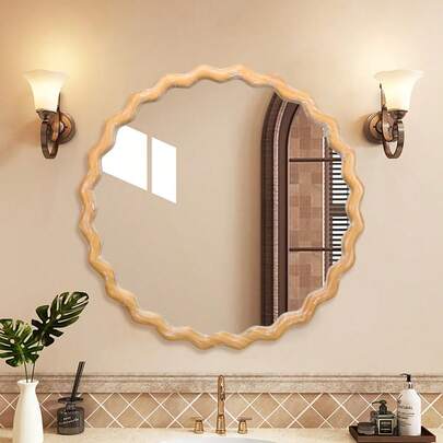 [Envío Gratis] Espejo de pared redondo ondulado de 27.5 pulgadas para tocador de baño, espejos circulares de madera estilo granja para dormitorio, entrada, sala de estar, cocina, espejo decorativo con borde blanqueado para el hogar, oficina-XY803772
