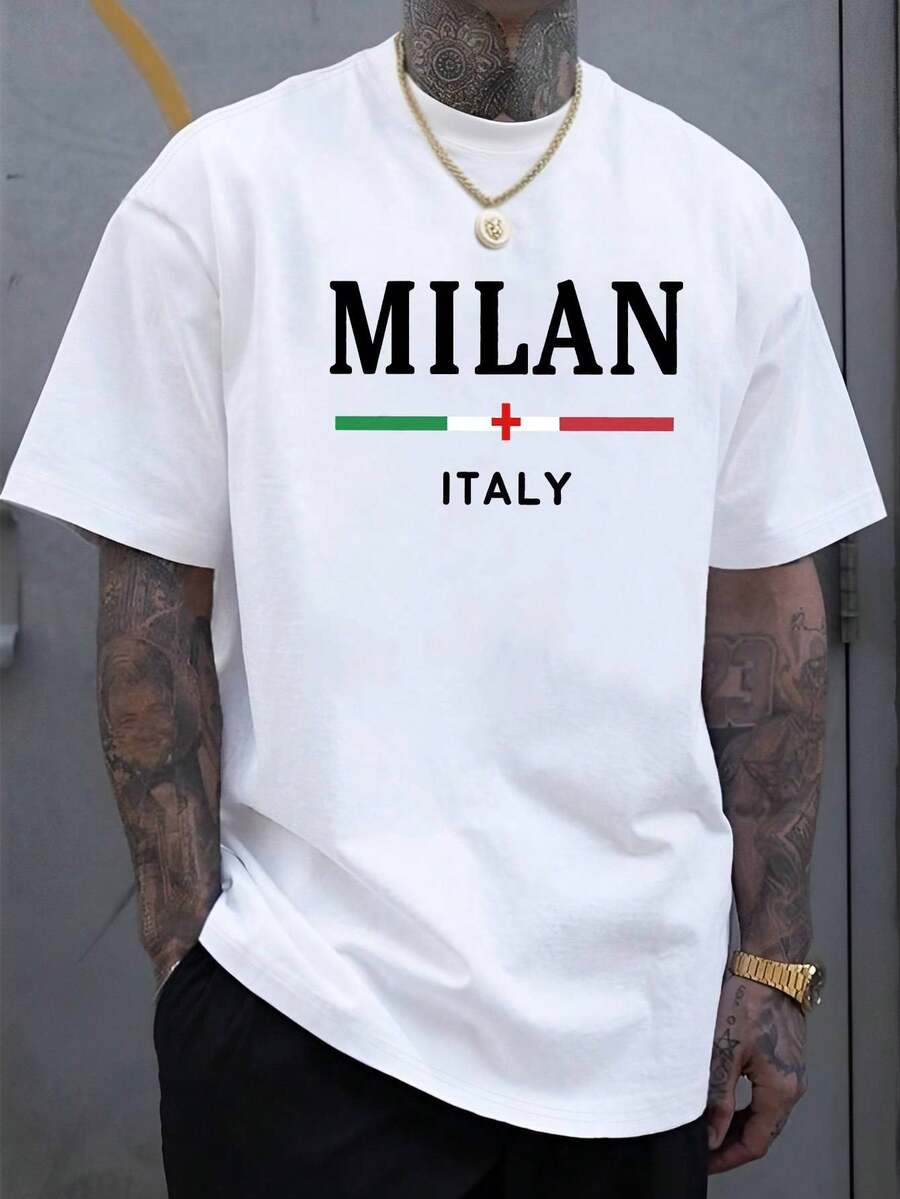 Vêtements pour hommes, nouvelle chemise décontractée à manches courtes avec imprimé lettres Milan pour hommes, idéale pour une tenue estivale tendance. - Blanc - Voir 1