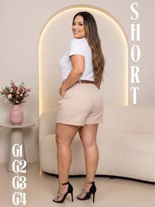 Short Plus Size Social Tailoring With Elegant Belt High Waist - Beis - Ver 2