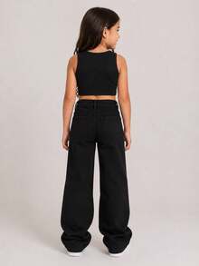 Calça jeans Wide Leg preta rasgada no joelho - Preto - Visão 2
