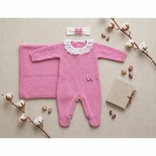 Saída Maternidade Bebe Menina Tricô Manta, Macacão E Laço Branco RN - 0 A 3 Meses - Rosa Bebê - Visão 3