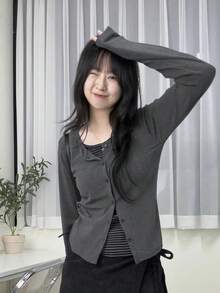 女士多功能修身撞色二合一条纹拼接圆领修身长袖开衫，秋季款 - 深灰色 - 查看 4