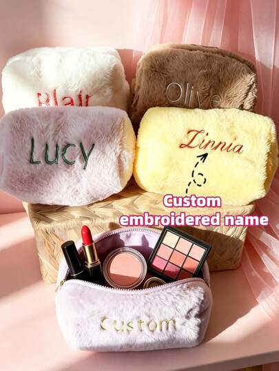 Custom Plush Toiletry Bag, Clutch, Storage Bag, Makeup Bag, Supports Personalized Name And Text Embroidery, Fluffy And Skin-Friendly, Large Capacity With Zipper And Ample Space, Can Store Skincare, Makeup, Makeup Brushes, Multi-Purpose. Suitable For Christmas, Mother's Day, Valentine's Day, Thanksgiving, Halloween, Easter And More, Perfect For Gifting To Bridesmaids, Best Friends, Girlfriends, Daughters, Colleagues; Suitable For Daily Home, Commuting, Short Trips, Dance Performances, Wedding Favors