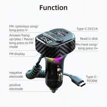 藍牙汽車適配器，附 Type-C 充電線 PD 30W 車充與 USB 接口，車用 BT 5.3 FM 發射器，無線 FM 收音機發射器，支援 MP3 播放、免持通話、LED 背光、U 盤 - C52 - 查看 7
