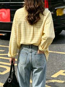 Vintage Plaid Women's Long Sleeve Shirt, Long Sleeve Striped Shirt, Button-Up Design Yellow Sports - Yellow - View 6