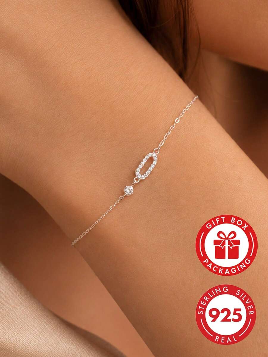GLIMMER GI 1 pièce Bracelet en argent sterling S925 hypoallergénique, bracelet minimaliste géométrique avec anneau rond incrusté de zircone cubique synthétique unique, style européen et américain polyvalent mode quotidien nouveau, cadeau pour la Saint-Valentin, l'anniversaire, la fête des mères pour les femmes, port quotidien/cadeau/vacances