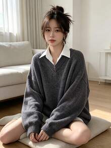 Women's Solid Colored V-Neck Oversized Sweater With Graphic Print And Drop Shoulder - Grey - View 6