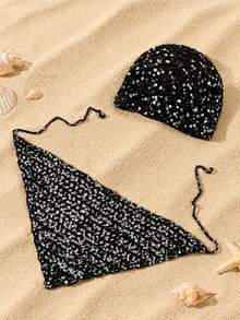 1 Set Women's Spring/Autumn Crochet Sequin Hat & Triangle Scarf, Suitable For Bohemian Style, Spring/Autumn Season, Beach And Travel Use - Triangular Scarf + Hat - View 4