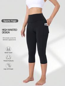 Spring Summer Autumn Women's High Waist Side Pocket Capris, Elastic Sports Leggings For Running And Workout, Leisure Black - Black - View 3