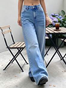 Women's Light Blue Washed Wide Leg Jeans, Mid-Waist Cat Whisker Loose Straight Leg Floor Length Pants, Versatile Bottoms For Daily Commute - Medium Wash - View 6