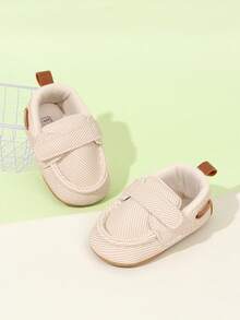 1 Pair Boys Solid Color PU Hook & Loop Design Flat Non-Slip 0-1 Years Old Newborn Infant Pre-Walker Shoes, Fashionable Minimalist Classic Sports Shoes Suitable For Spring And Autumn - Beige - View 2
