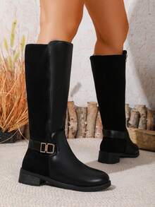 American Vintage Buckle Knee-High Boots For Women With Side Zipper, Chunky Low Heel, Equestrian Style, Versatile For Autumn/Winter Daily Wear - Black - View 4