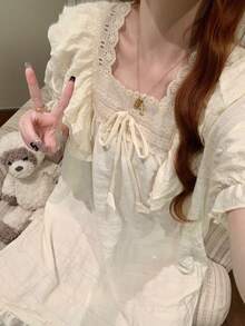 1pc Women's Nightgown, French Romantic Square Neck Pullover Comfortable Loungewear Dress, Suitable For Spring And Summer - Champagne - View 3
