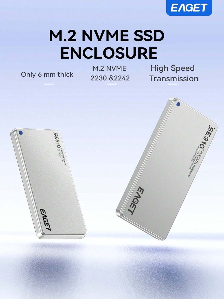 EAGET 超薄 6mm 便攜式 M.2 NVMe SSD 轉接盒，10Gbps 高速 USB 3.2 Gen 2 轉 PCIe 適配器，鋁合金散熱外殼，免驅動即插即用，兼容 2230/2242 SSD