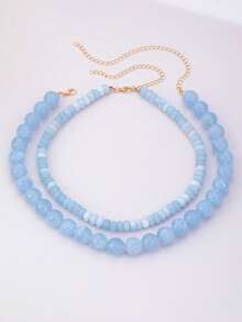 1/2pcs Women's Blue Sapphire Semi-Precious Beaded Necklace, Round Natural Gemstone Choker Necklace, Bohemian Style Jewelry Gift - Multicolor - View 2